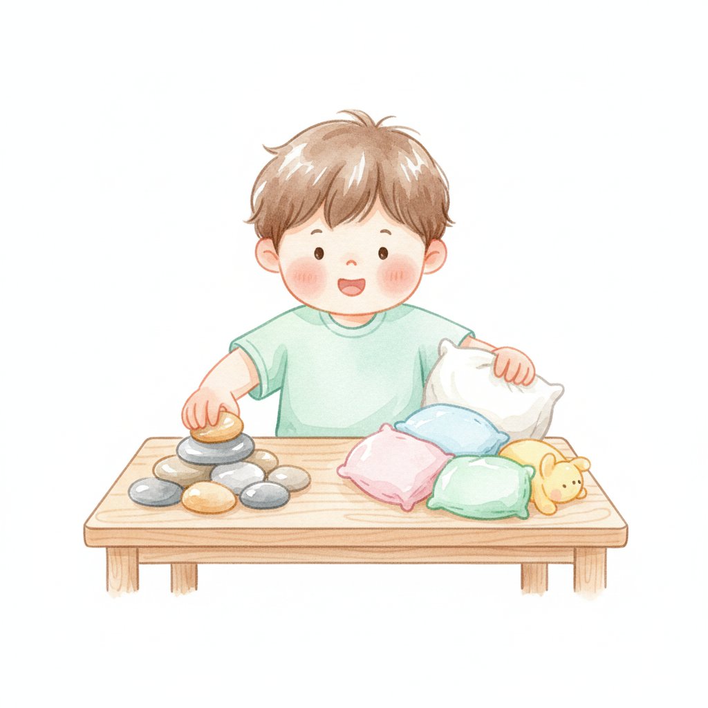 Watercolor illustration of a child sorting hard rocks and soft pillows into two groups