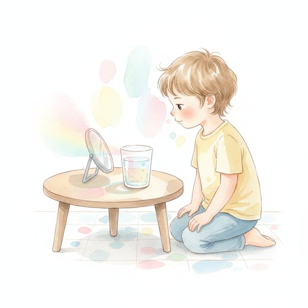 A young child watching light bend through a glass of water and a mirror making rainbows