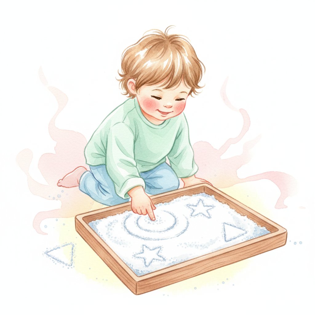 A child drawing shapes in a salt tray with one finger