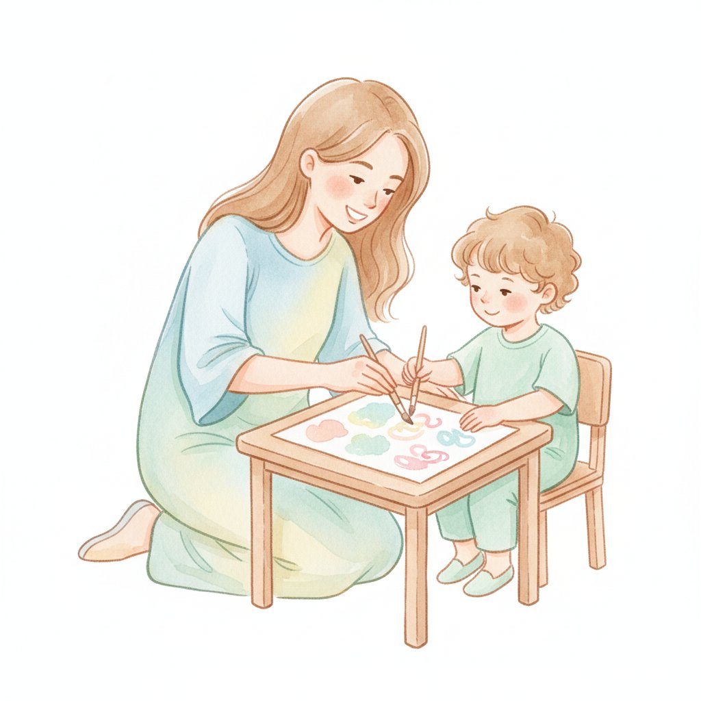 A teacher kneeling beside a child and gently guiding their hand while they write