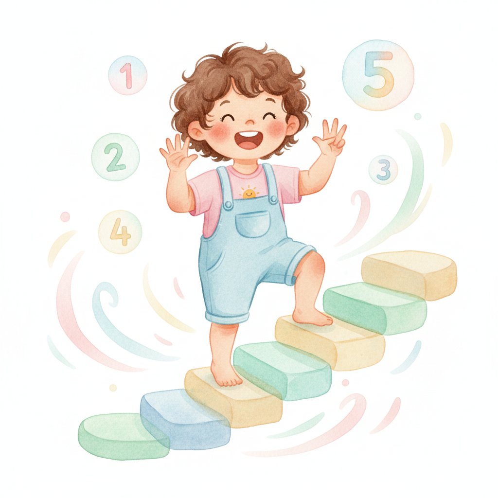 Child counting steps out loud while climbing the stairs