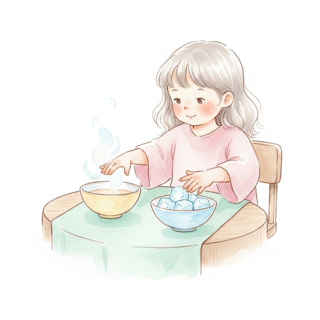 Watercolor illustration of a child exploring a warm steaming bowl and a bowl of ice cubes
