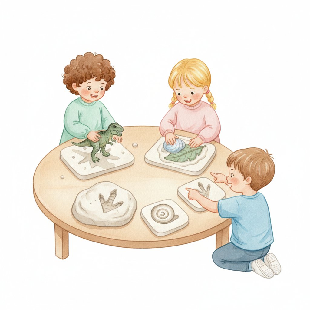 Children pressing toy dinosaur feet into clay to make fossil prints