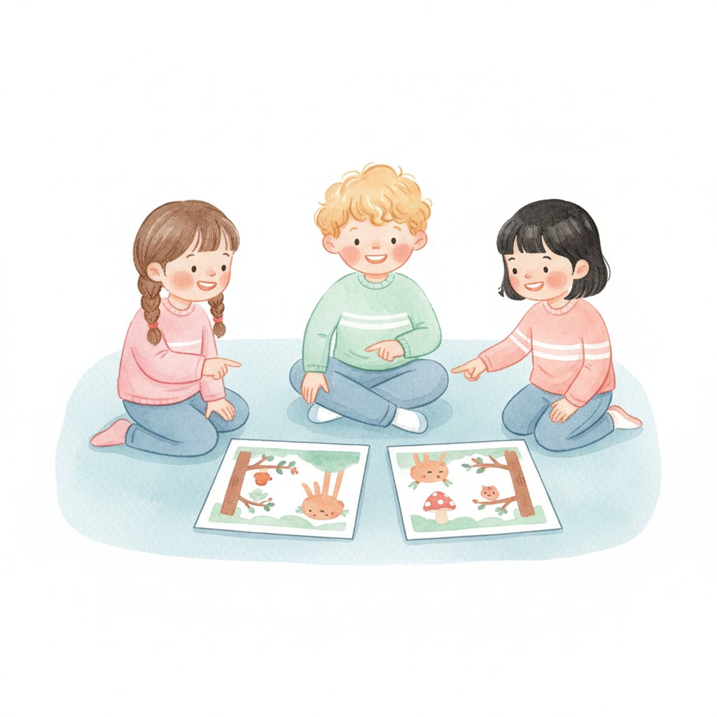 Watercolor of cheerful preschoolers studying picture cards and spotting differences