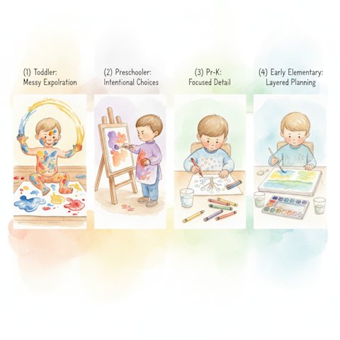 Watercolor illustration showing process art in action across 4 age groups: toddler with finger paints (18-24 months), preschooler with chunky brush at easel (3-4 years), pre-K child using tripod grip crayon (4-5 years), early elementary showing layered watercolor technique (5-7 years). Shows developmental progression in child-led exploration.