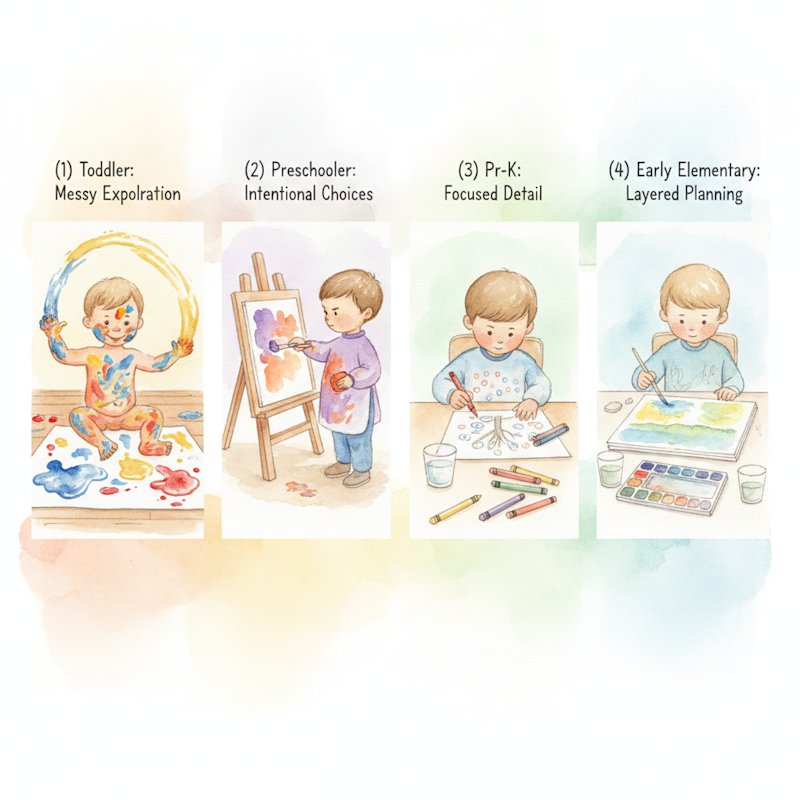 Watercolor illustration showing process art in action across 4 age groups: toddler with finger paints (18-24 months), preschooler with chunky brush at easel (3-4 years), pre-K child using tripod grip crayon (4-5 years), early elementary showing layered watercolor technique (5-7 years). Shows developmental progression in child-led exploration.