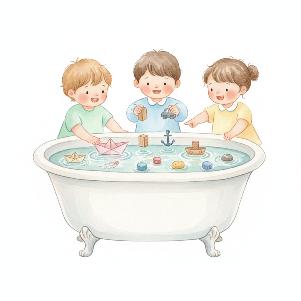 Watercolor of children testing toy boats floating in water