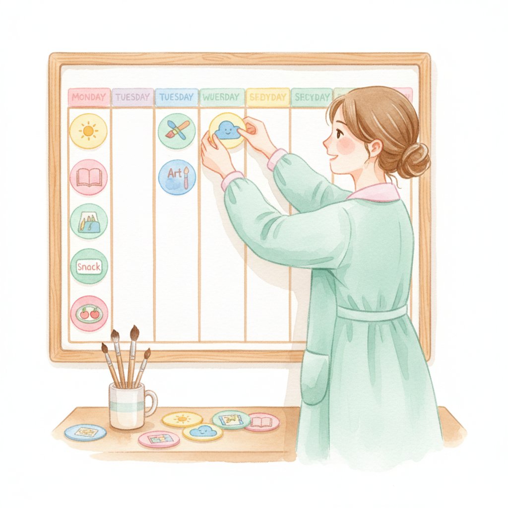A watercolor illustration of a teacher arranging color-coded schedule cards on a weekly planning board