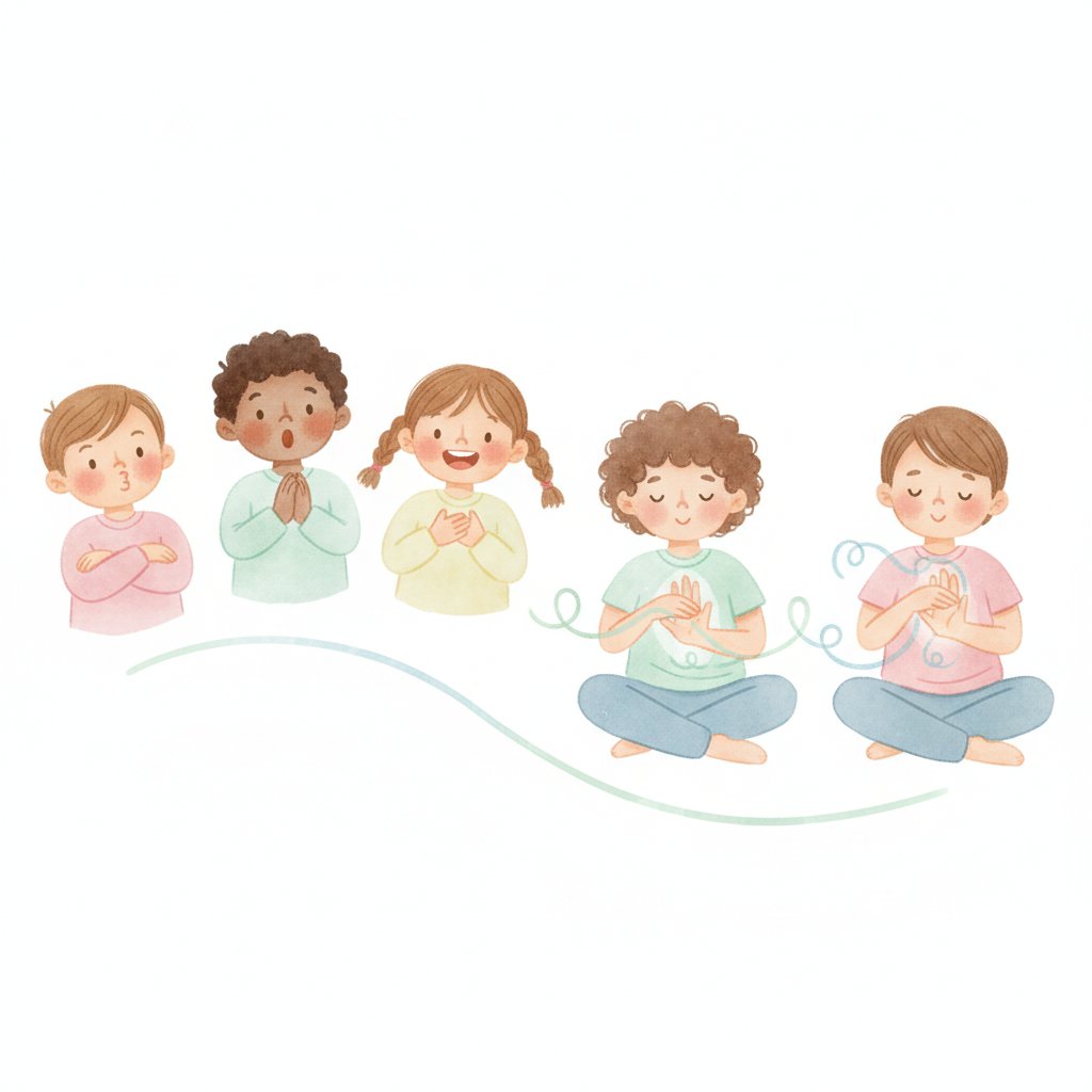 Children playing feelings charades and practising breathing together