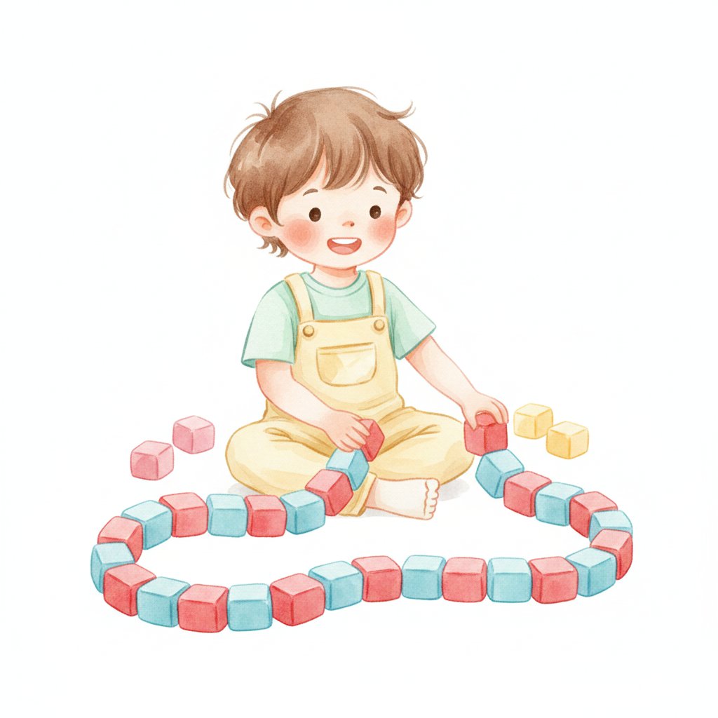 Watercolor illustration of a child building a snap-cube train alternating red and blue