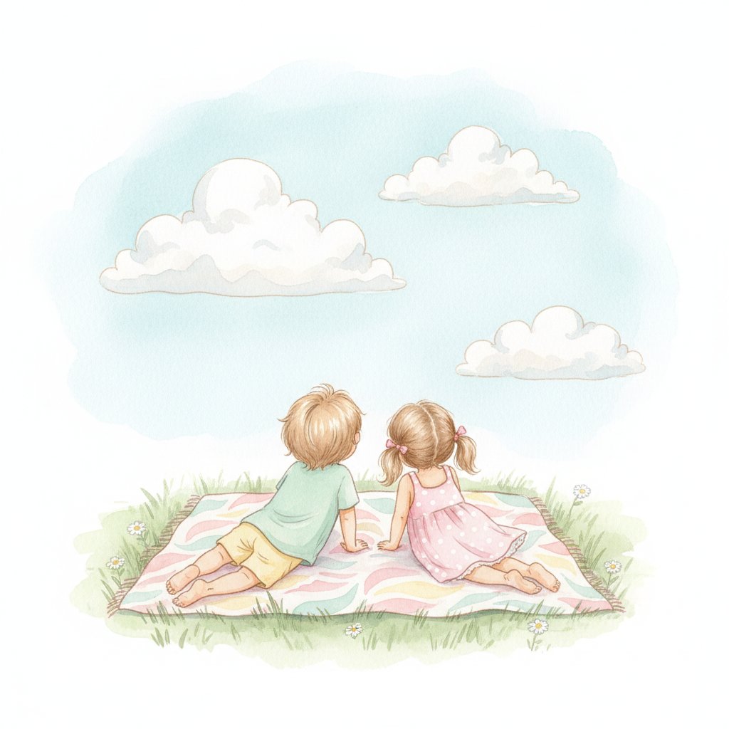 Watercolor illustration of two children lying on a blanket watching clouds in the sky