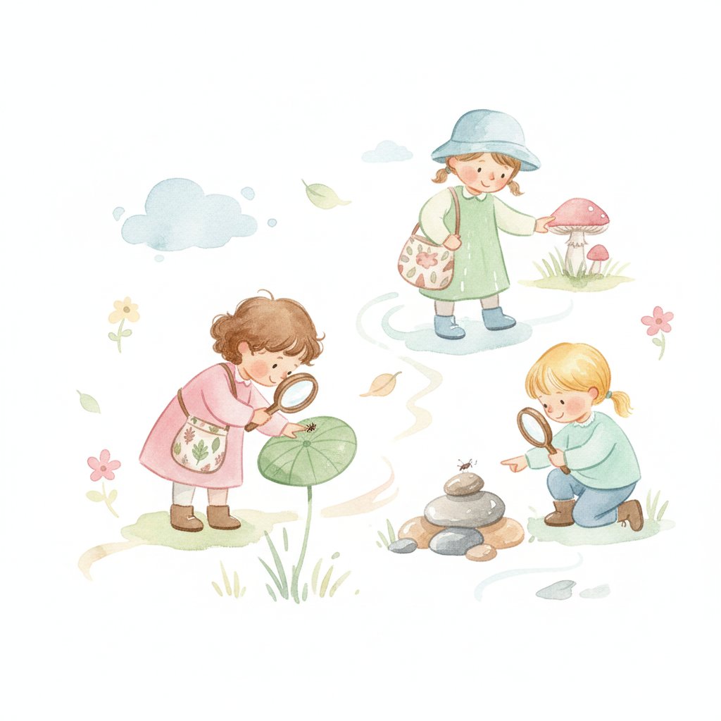 Watercolor of children on a nature scavenger hunt