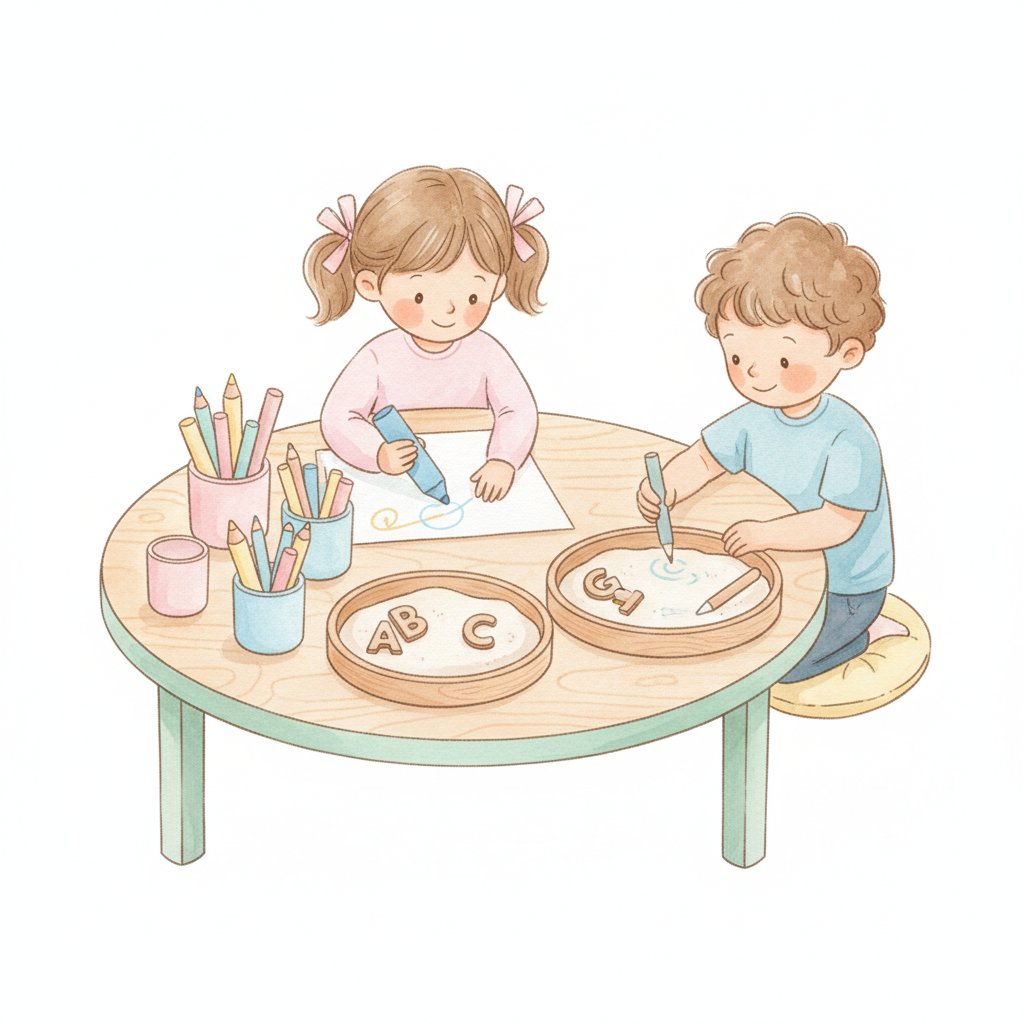 A tidy classroom writing centre with pencils, a sensory tray, and two children practicing side by side