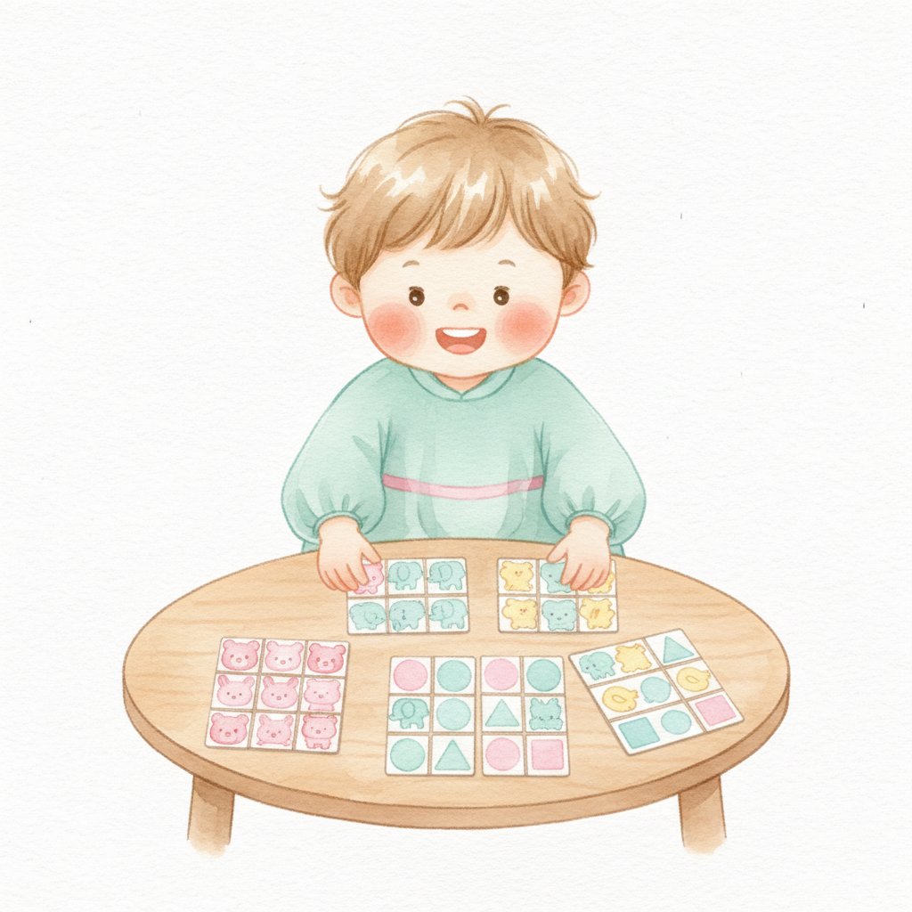 A child sorting learning cards into three neat groups on a table