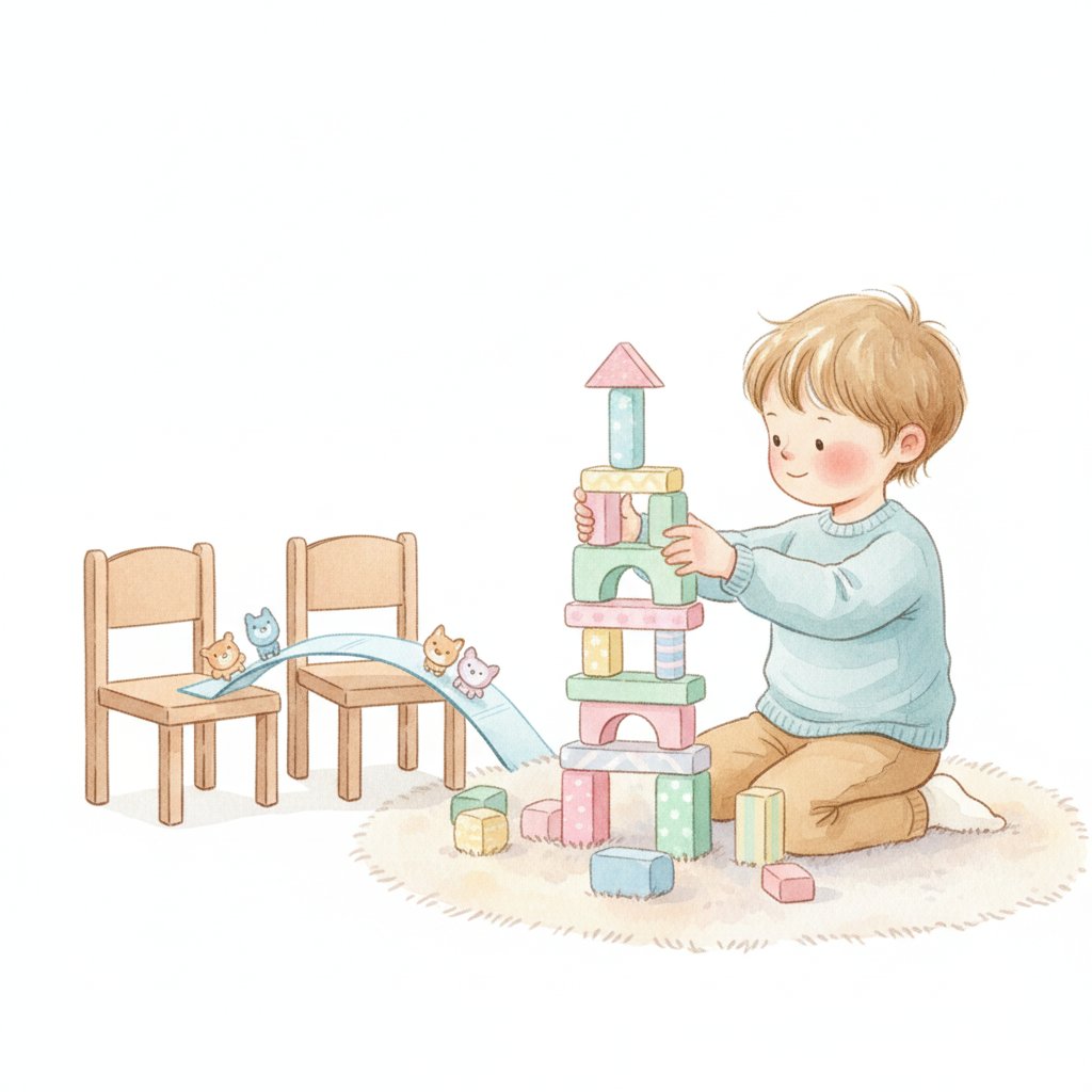 Child building a block tower and a paper bridge