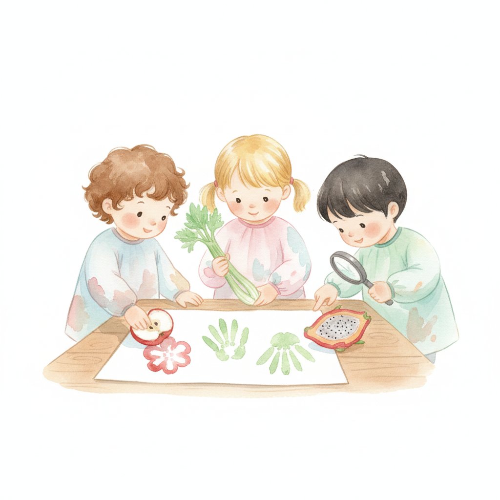 Children making paint prints with halved fruits and vegetables and examining seeds