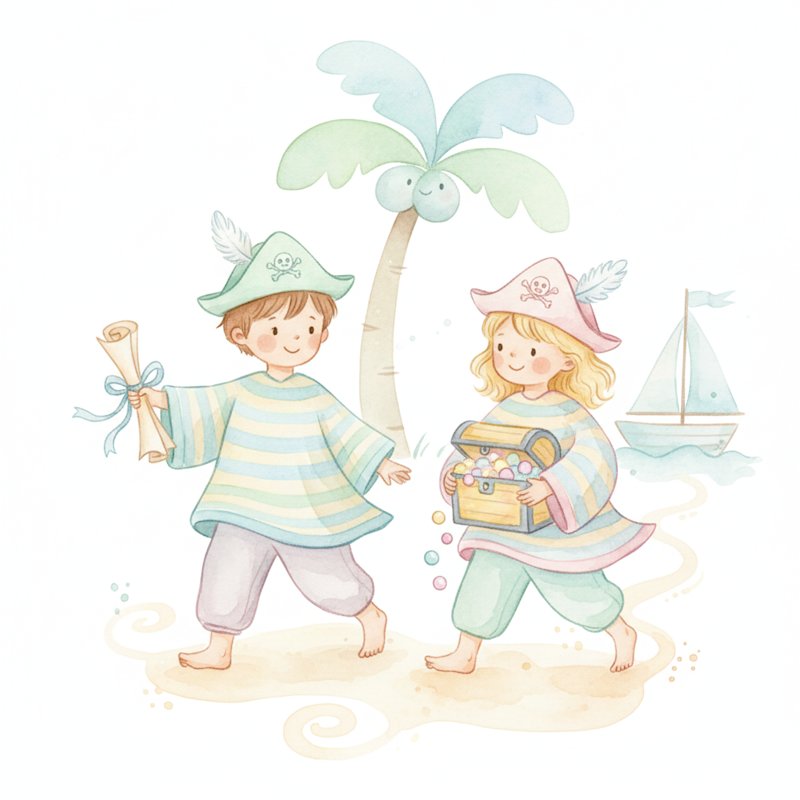 Watercolor illustration of children playing friendly pirates with a map and treasure chest