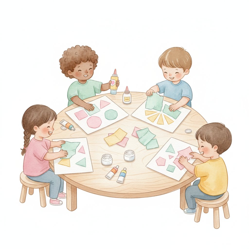 Children making a torn paper collage with glue