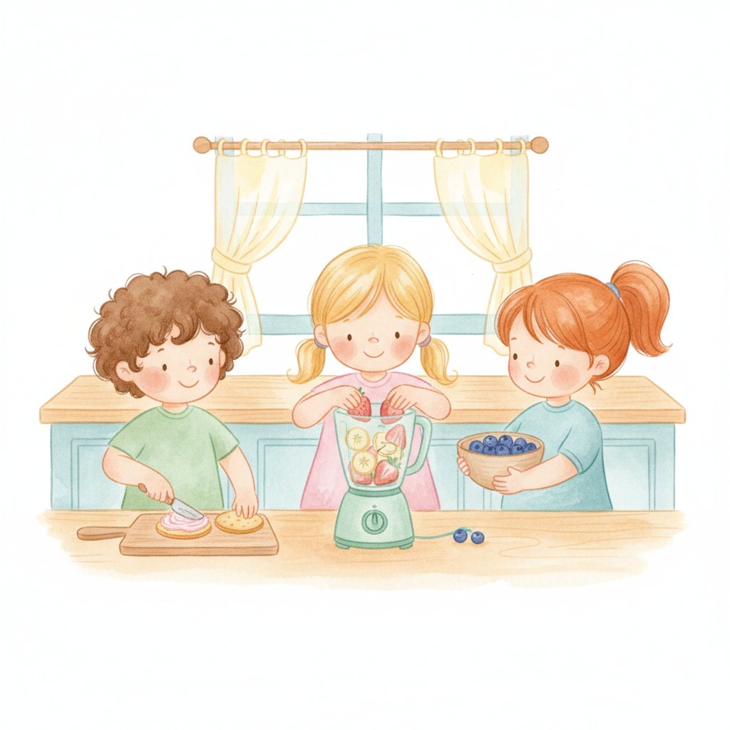 Children preparing a healthy snack and adding fruit to a blender for a smoothie