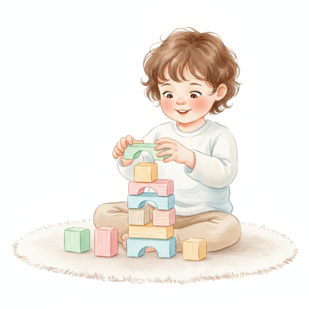 A young child carefully stacking wooden blocks, concentrating on balance