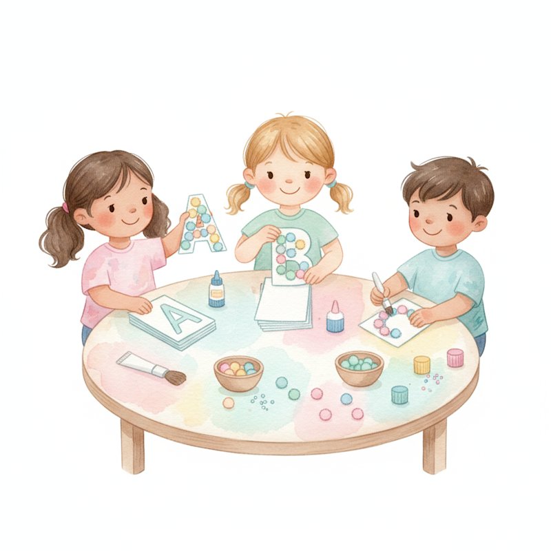 Young children doing alphabet-themed craft play at a table, soft watercolor