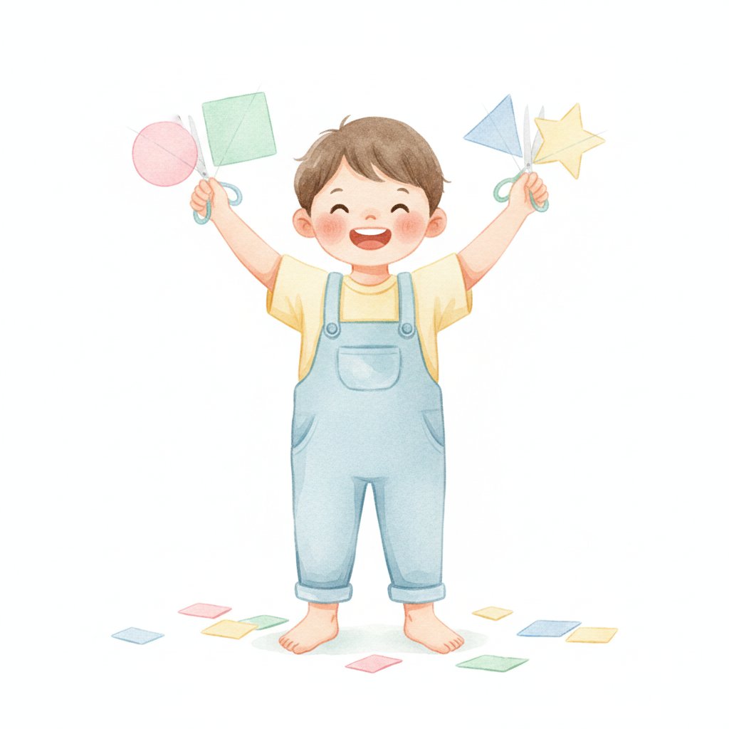 A happy child proudly holding up colourful paper shapes they have just cut out