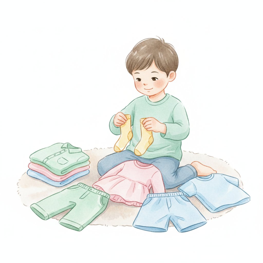 Child sorting laundry into piles by color at home