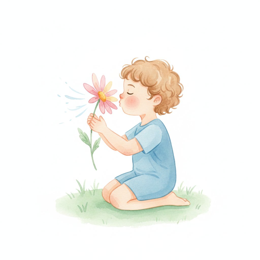a young child smelling a flower and blowing it like a candle to practice breathing