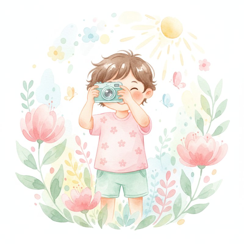 Watercolor illustration of a child taking a photo with a camera outdoors