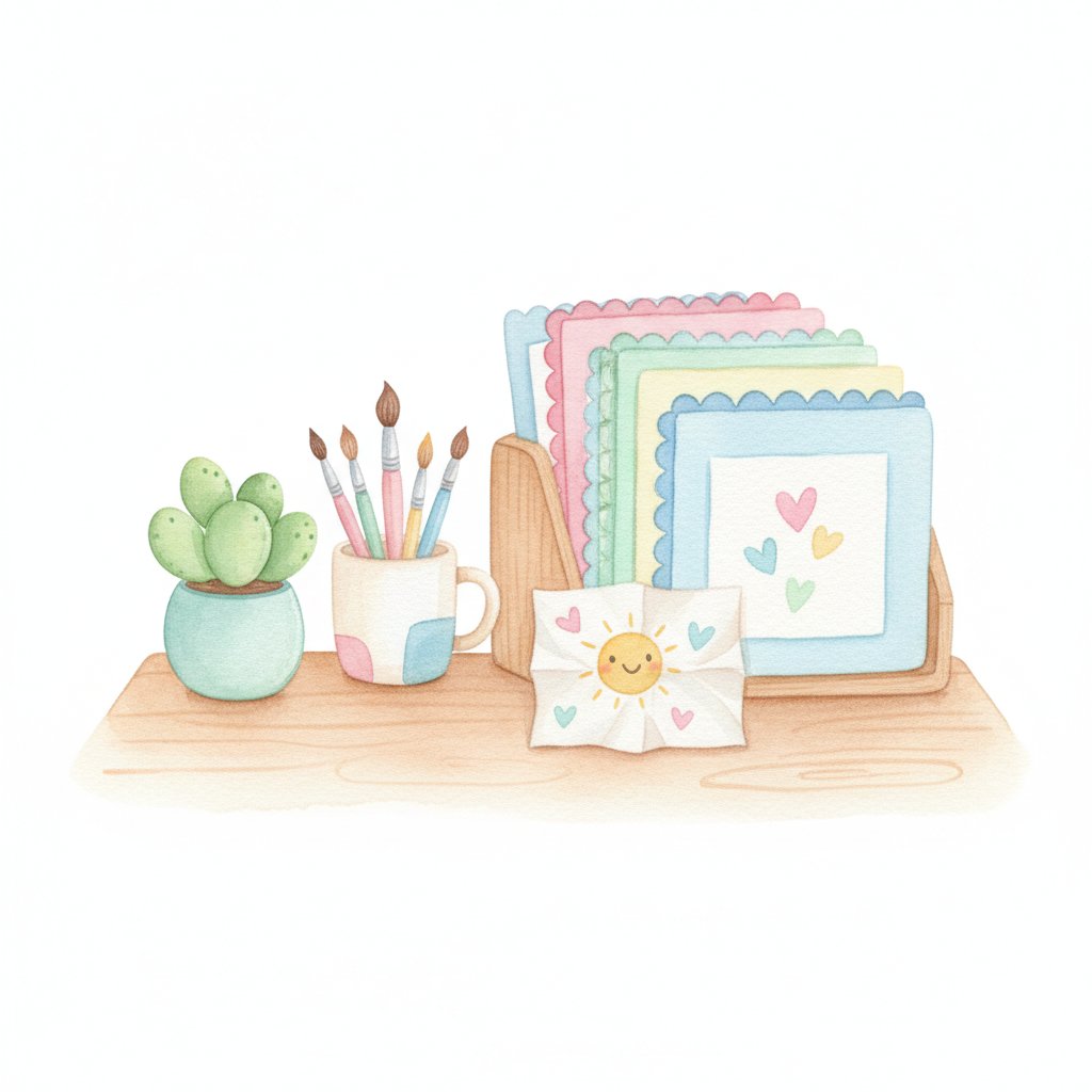 a welcoming teacher desk with neatly arranged folders and a cheerful note