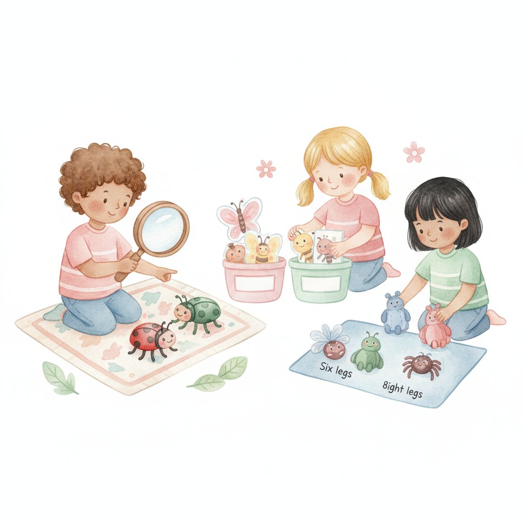 Children sorting bug toys and counting legs of a ladybug and beetle