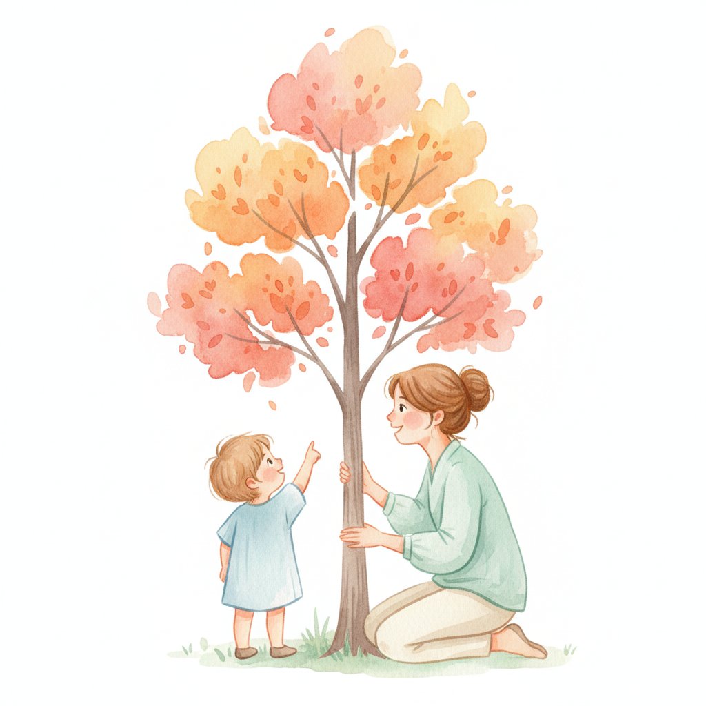 Watercolor illustration of a child and parent looking up at a tree with leaves changing color