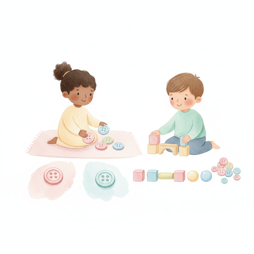 Children sorting buttons by color and size and building a color pattern