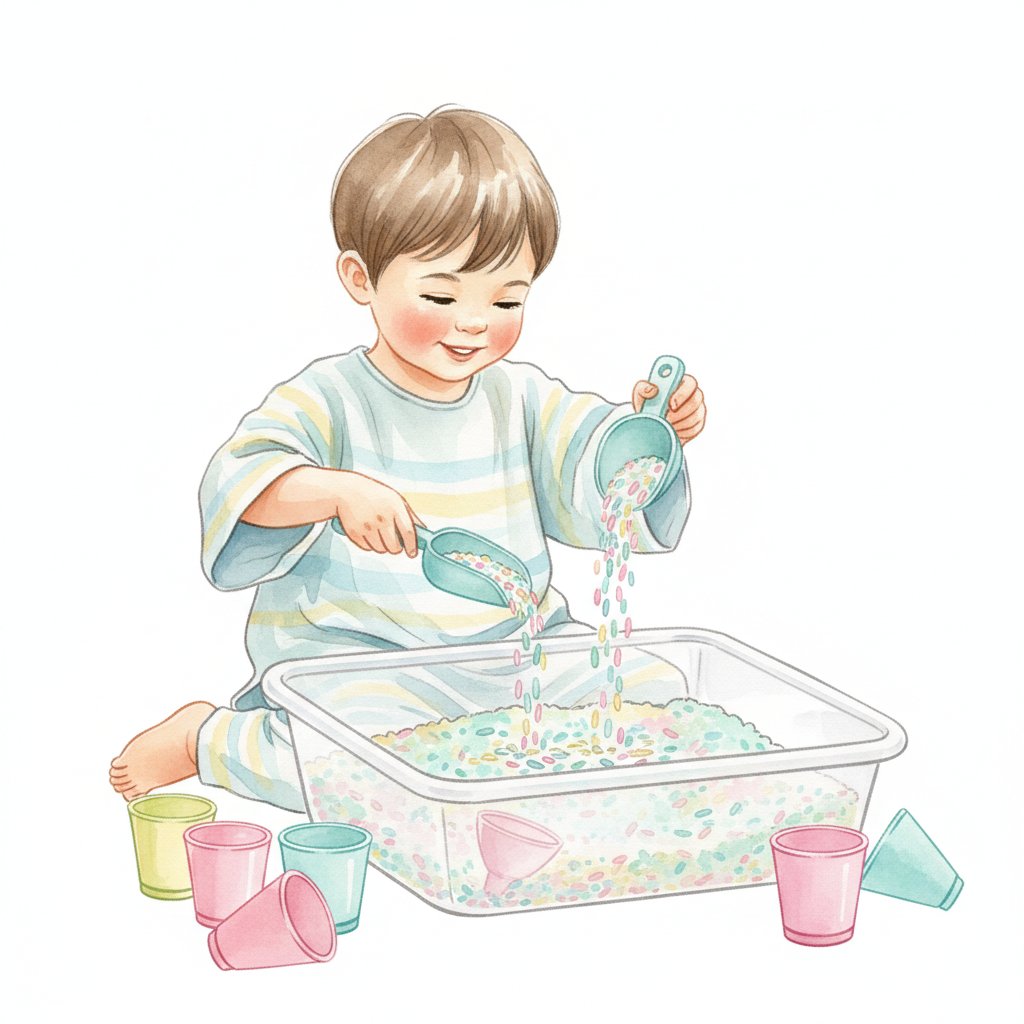 A child scooping and pouring colorful rainbow rice in a sensory bin