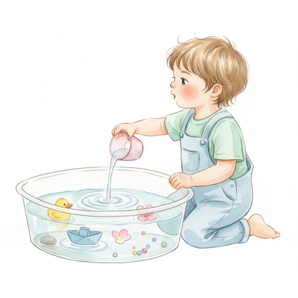 A child exploring floating and sinking objects in a water sensory bin