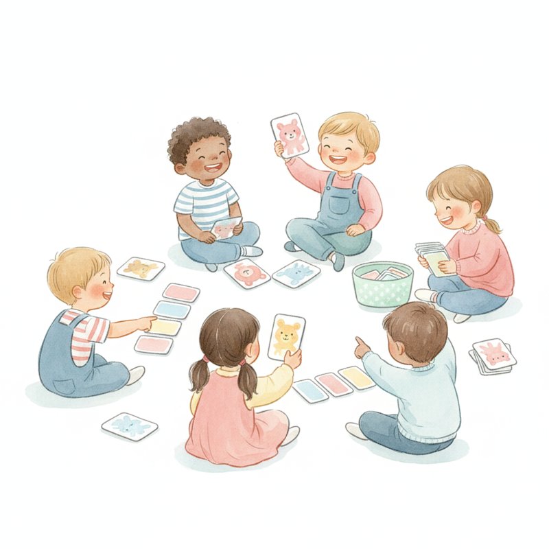Children playing picture-card games together on the floor, soft watercolor