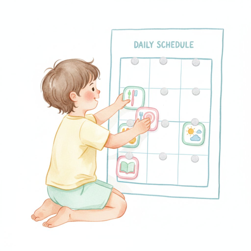 Child arranging moveable picture activity cards on a daily schedule board