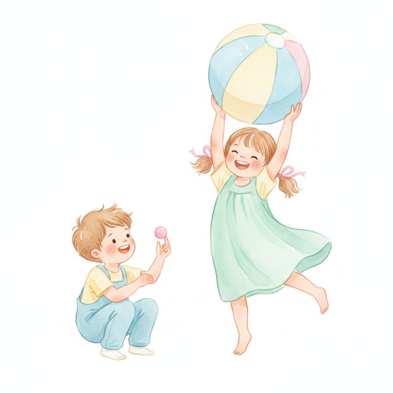 Watercolor illustration of two cheerful children comparing a big ball and a small treat