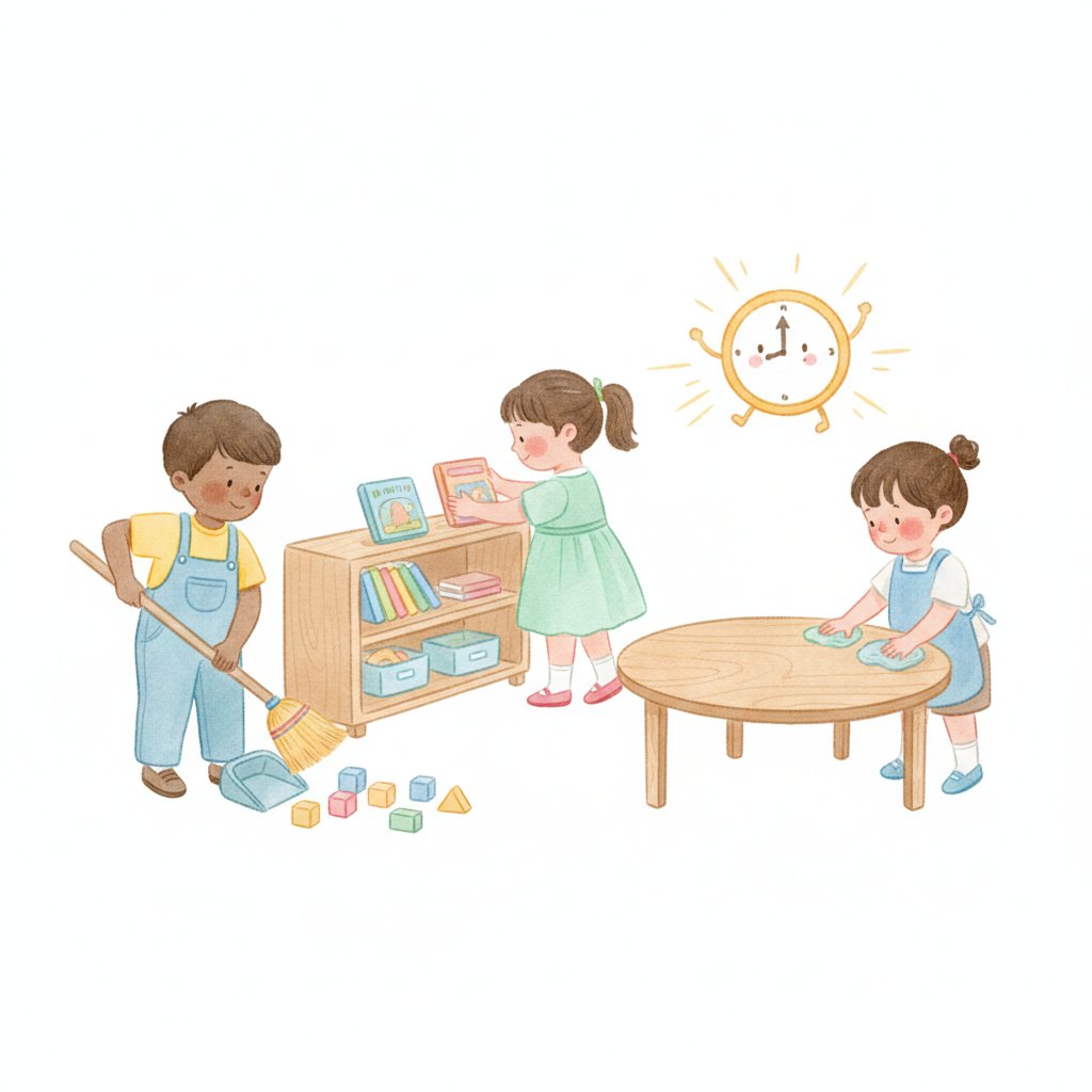 Children working together on classroom clean up jobs racing a clock