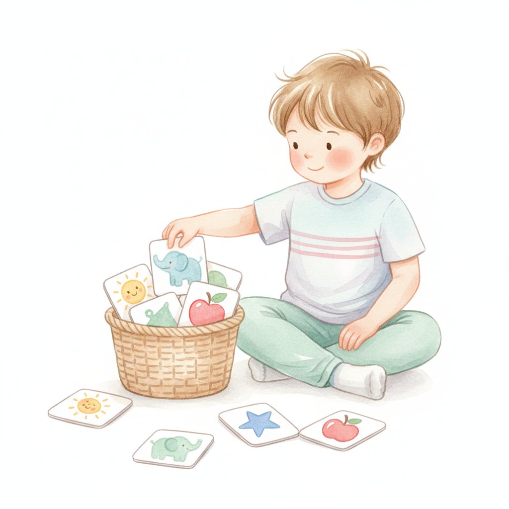 A young child reaching into a basket of picture cards to start their own game, soft watercolor