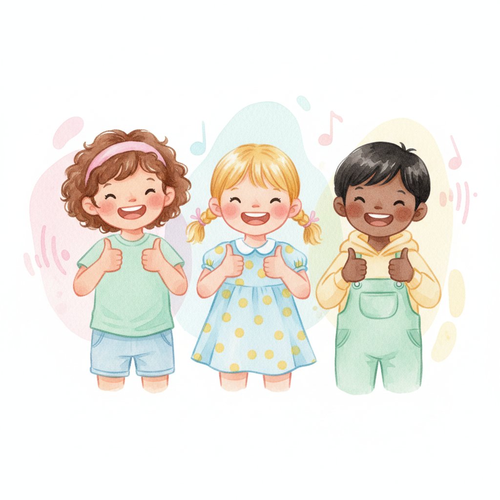 Cheerful young children giving thumbs up during a listening game
