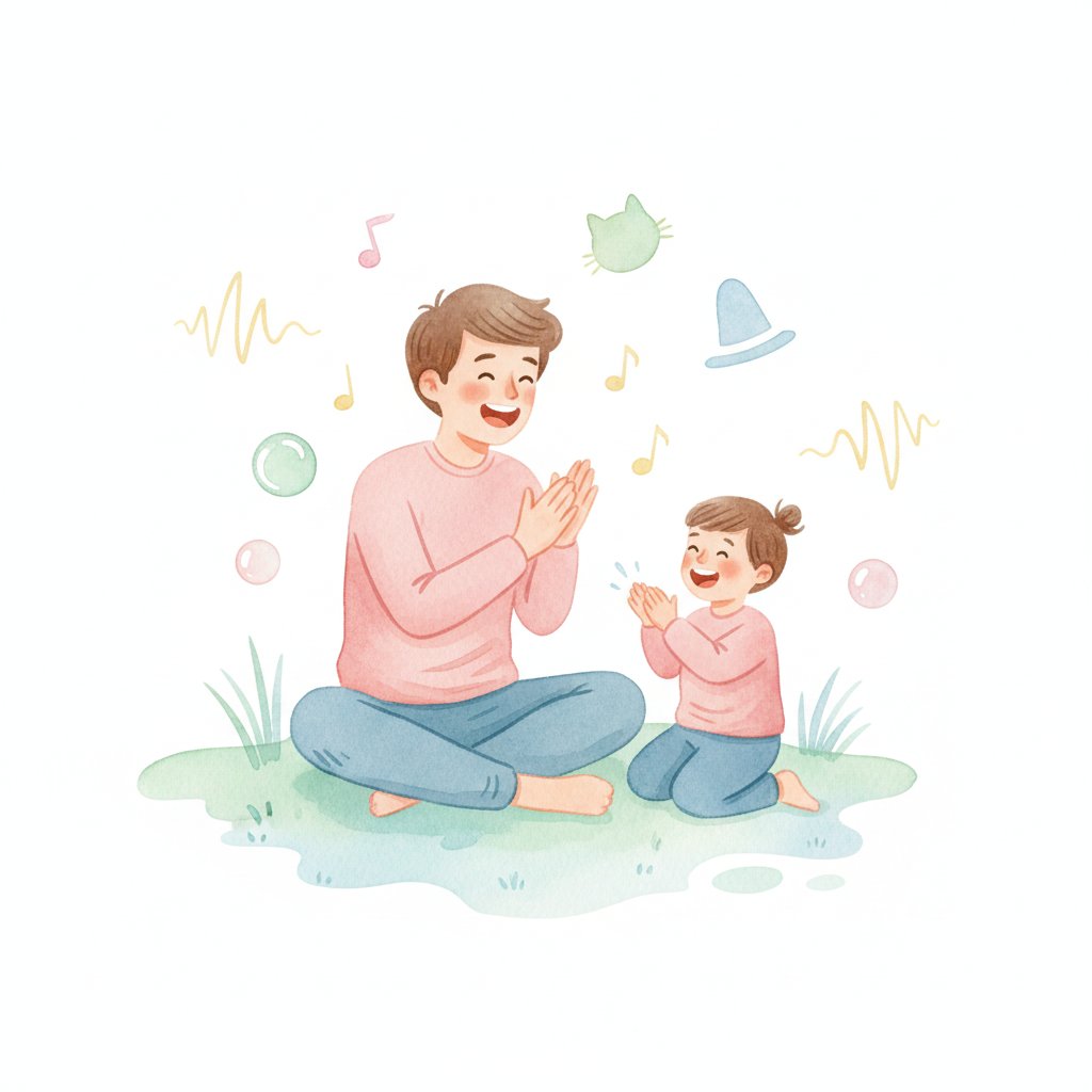 Parent and child clapping syllables and playing rhyming sound games together