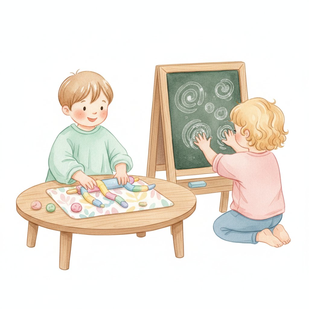 Children shaping play-dough snakes and water-painting on a chalkboard