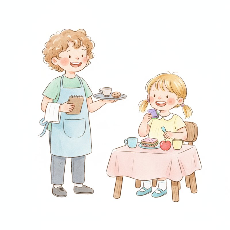 Watercolor illustration of two young children playing restaurant, one as a waiter with a notepad and tray serving the other at a small table with play food