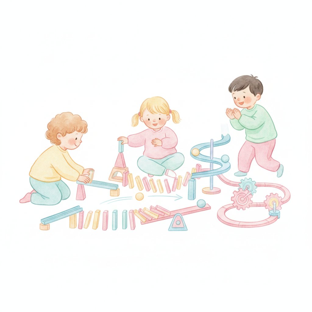 Watercolor of children building a domino chain reaction