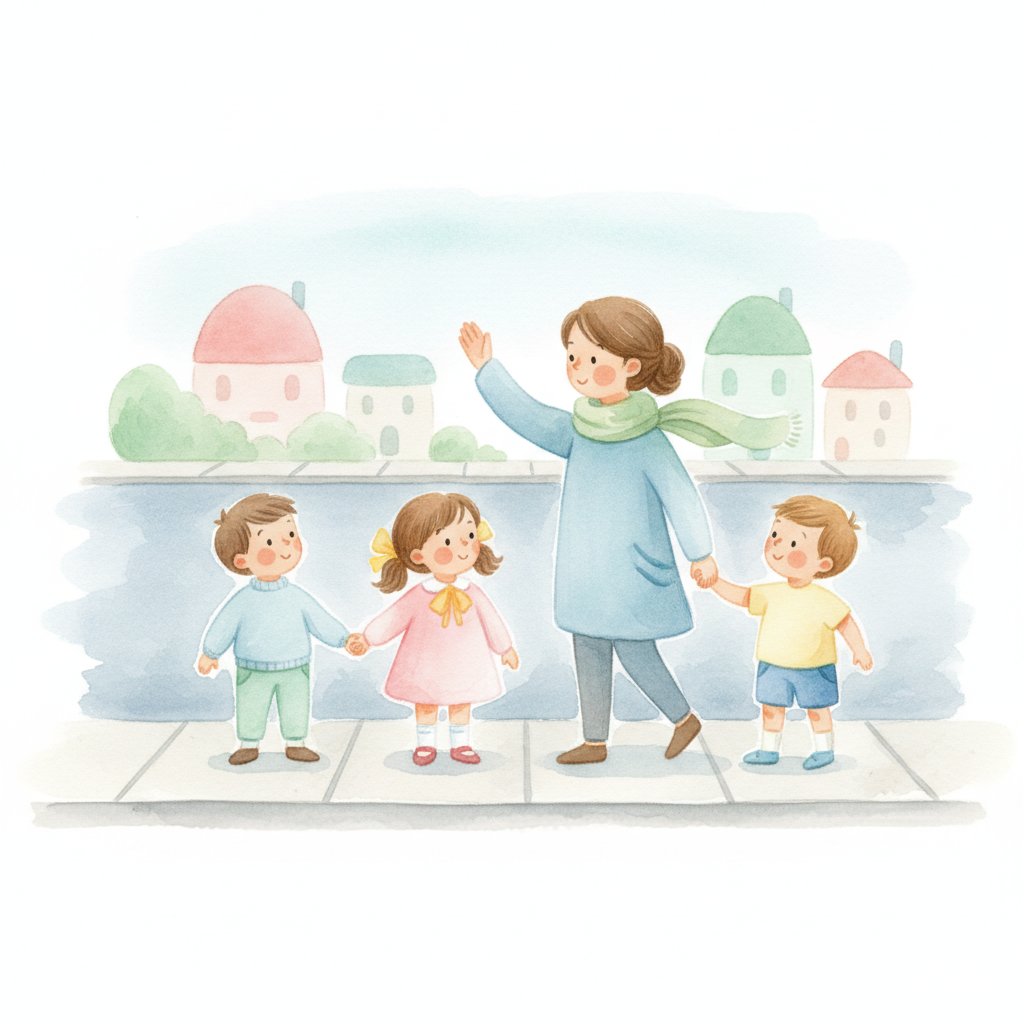 Watercolor illustration of preschoolers stopping at a curb with an adult and looking both ways before crossing the street
