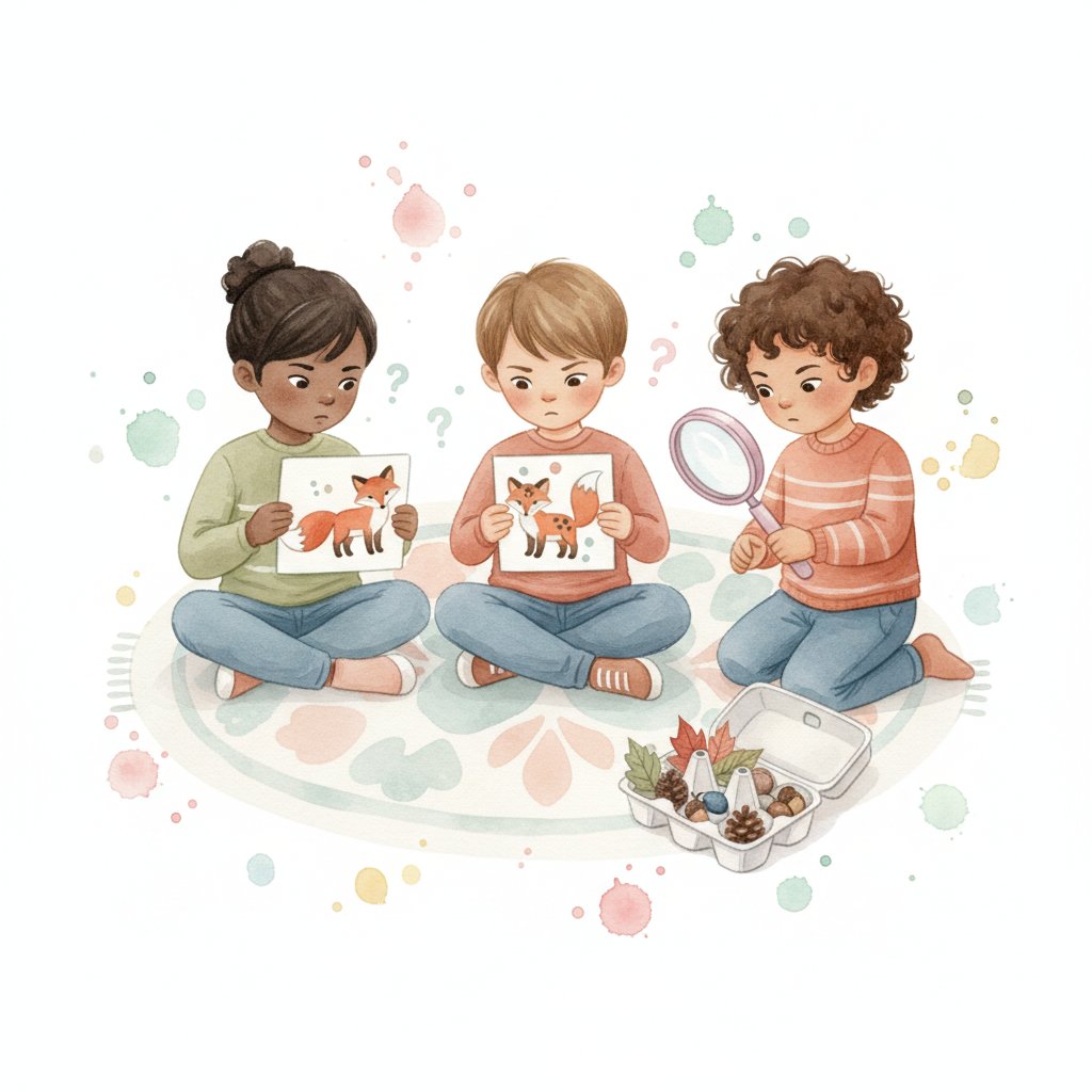 Children spotting differences and sorting nature specimens with a magnifying glass
