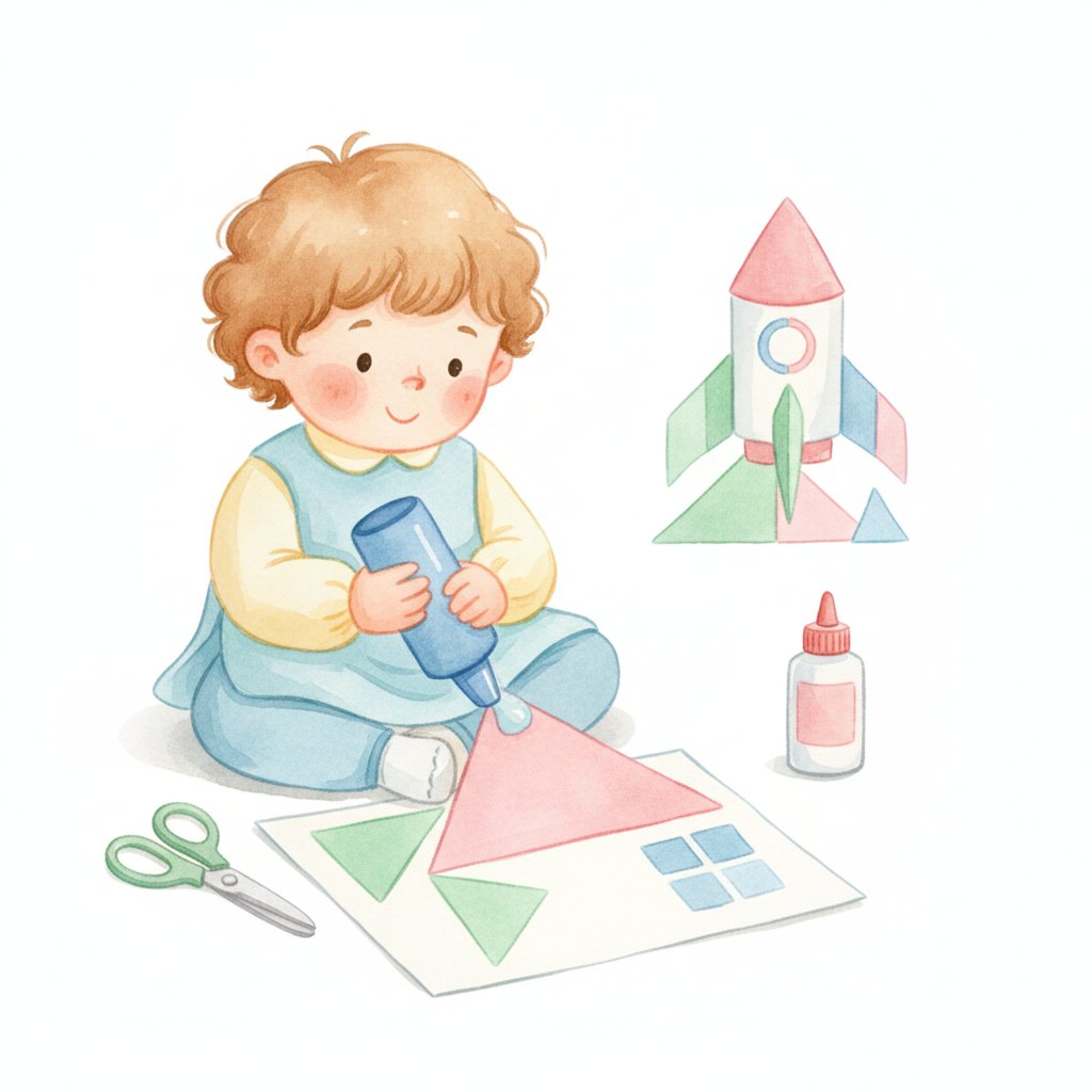 Child building a picture from cut paper shapes