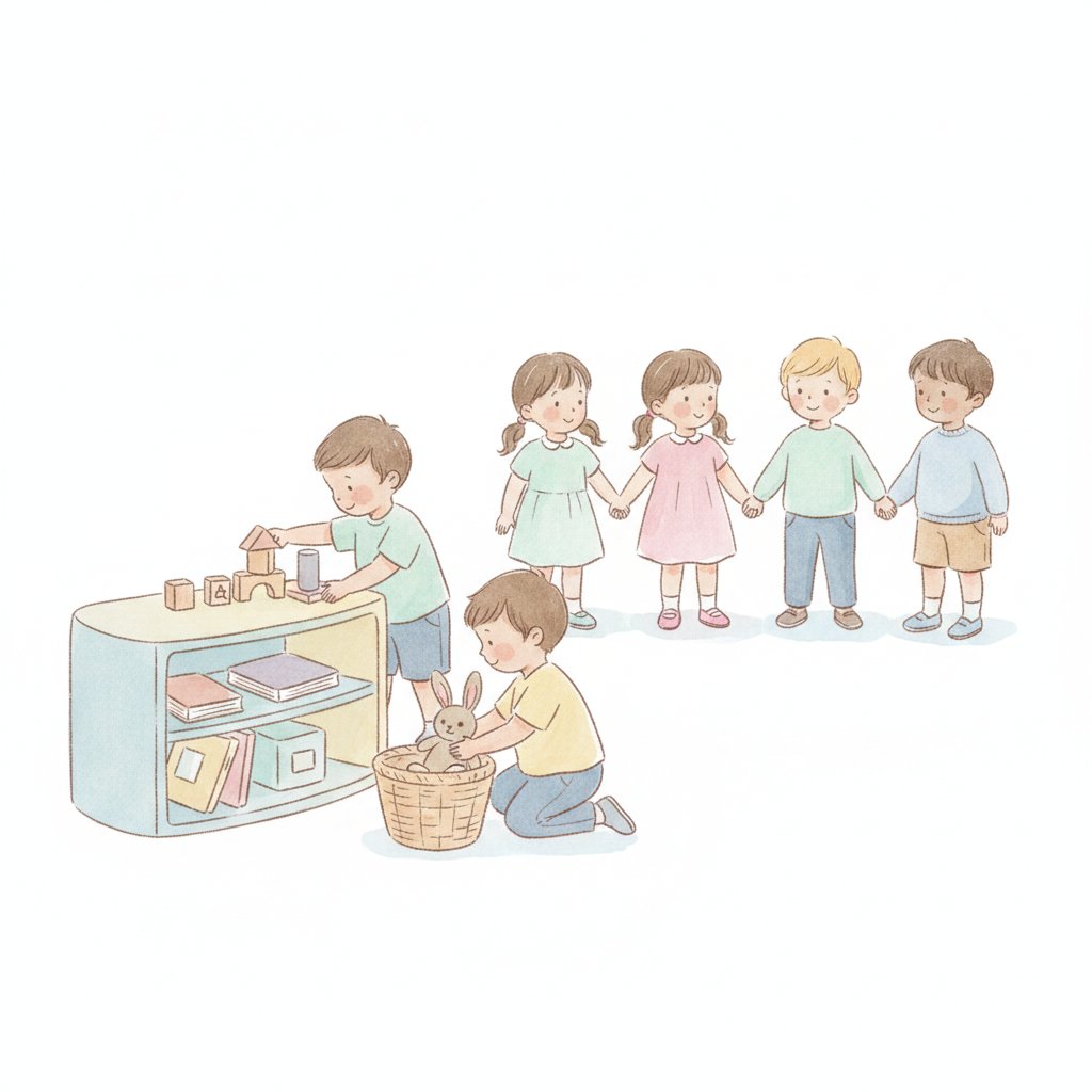 young children tidying up and lining up calmly between activities