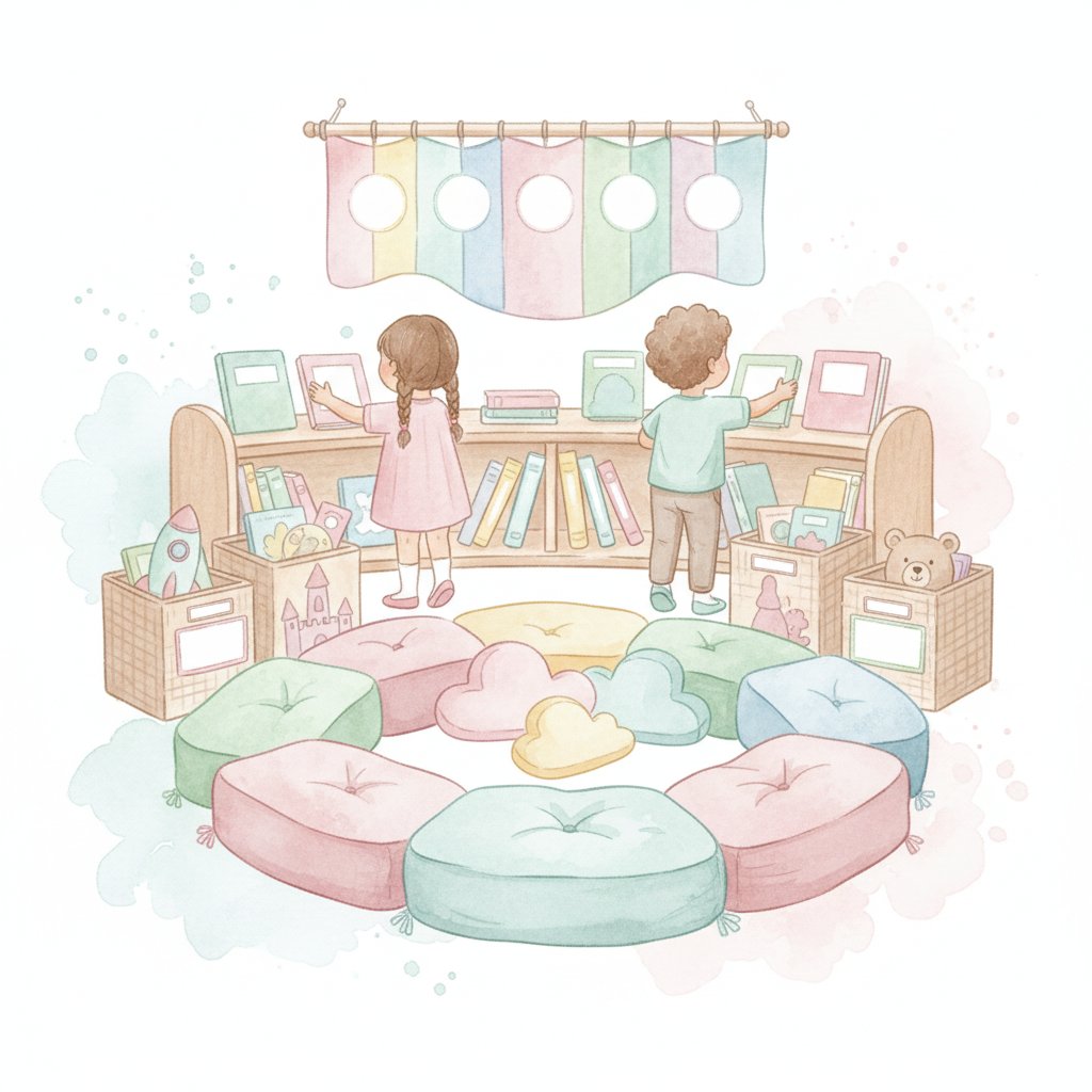 A cozy preschool reading corner with labeled book bins and an alphabet wall